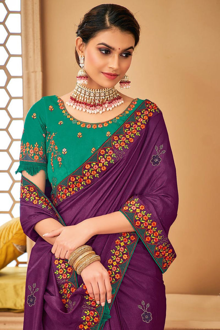 Art Silk Fabric Purple Color Pleasing Border Work Saree
