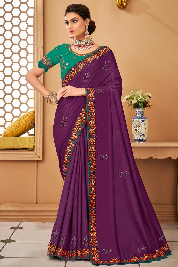 Art Silk Fabric Purple Color Pleasing Border Work Saree