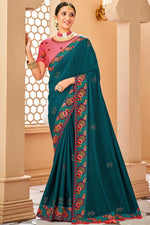 Load image into Gallery viewer, Art Silk Fabric Teal Color Aristocratic Border Work Saree
