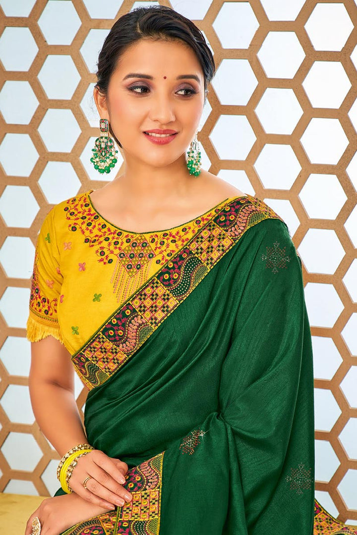 Dark Dark Green Color Border Work On Art Silk Fabric Blazing Saree