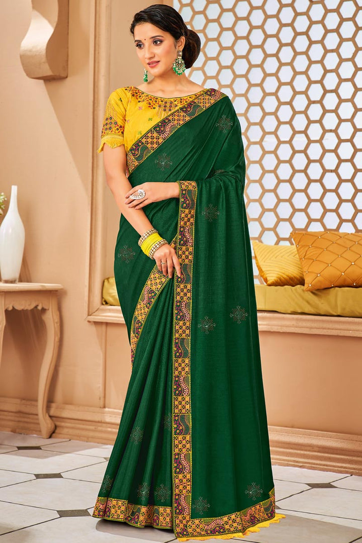 Dark Dark Green Color Border Work On Art Silk Fabric Blazing Saree
