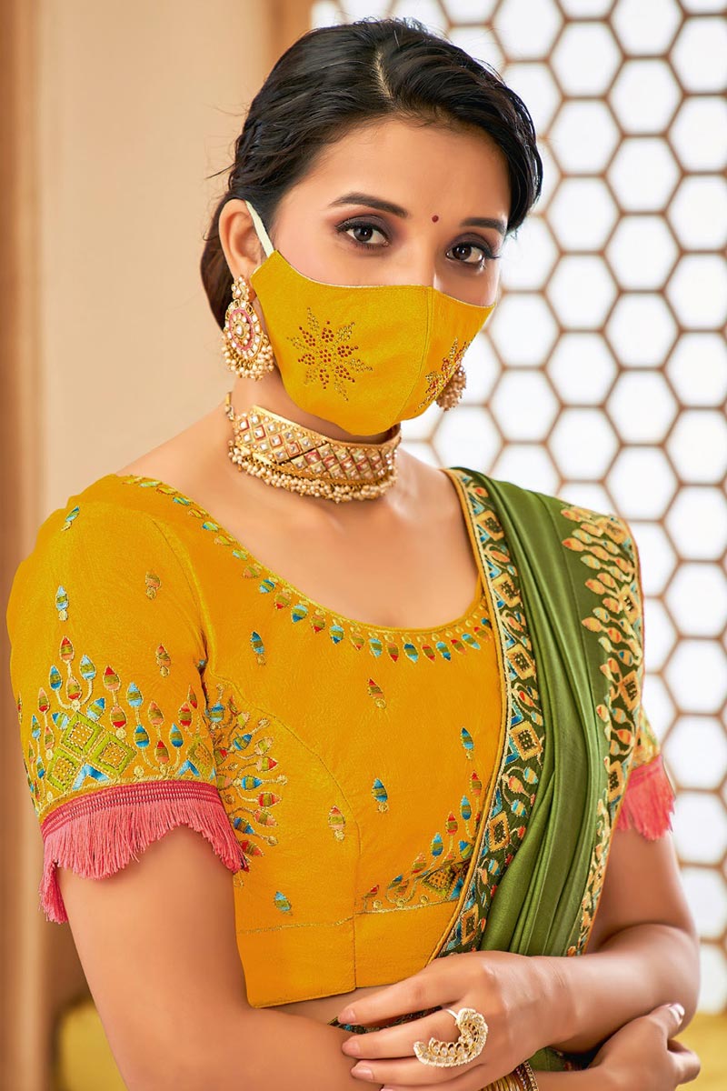 Border Work On Art Silk Fabric Mehendi Green Color Lavish Saree