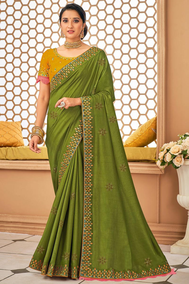 Border Work On Art Silk Fabric Mehendi Green Color Lavish Saree