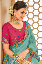 Load image into Gallery viewer, Art Silk Fabric Light Cyan Color Delicate Border Work Saree
