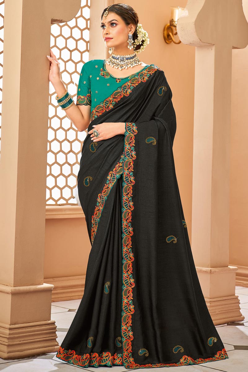 Art Silk Fabric Black Color Intricate Border Work Saree