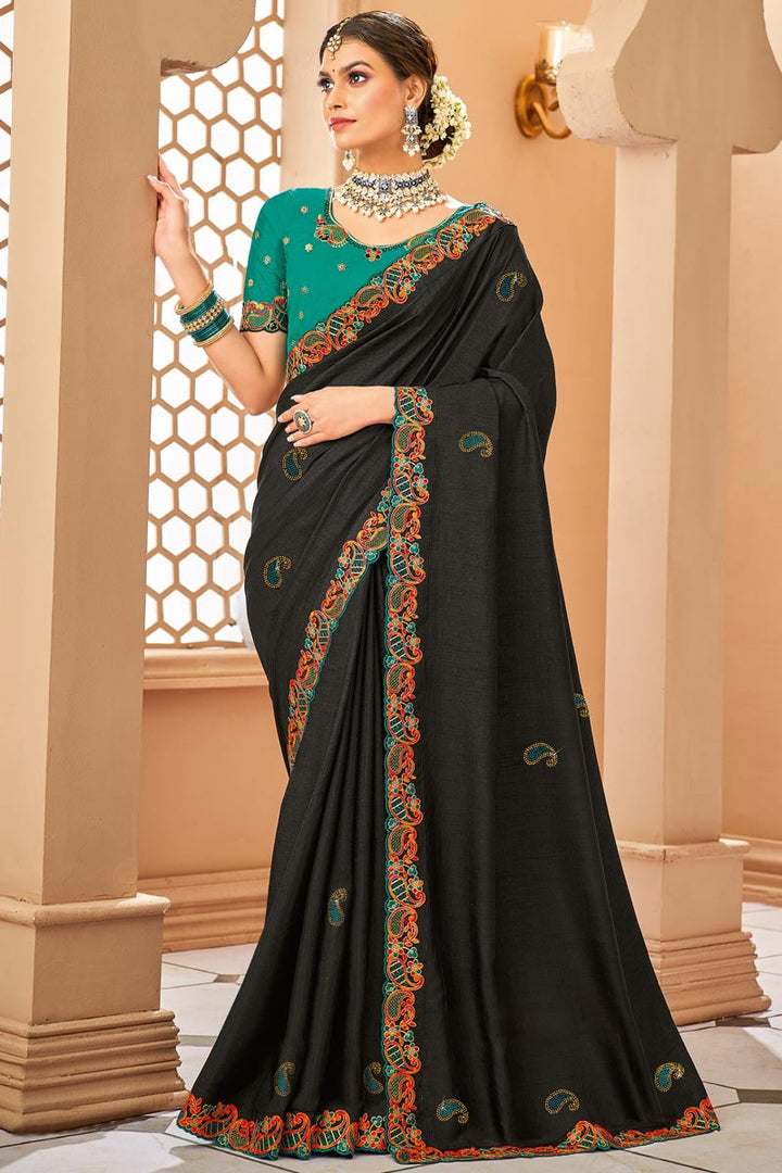 Art Silk Fabric Black Color Intricate Border Work Saree