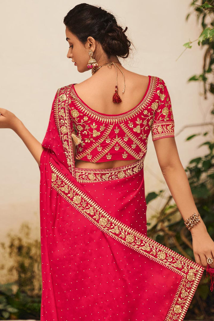 Art Silk Party Wear Alluring Embroidered Saree In Rani Color