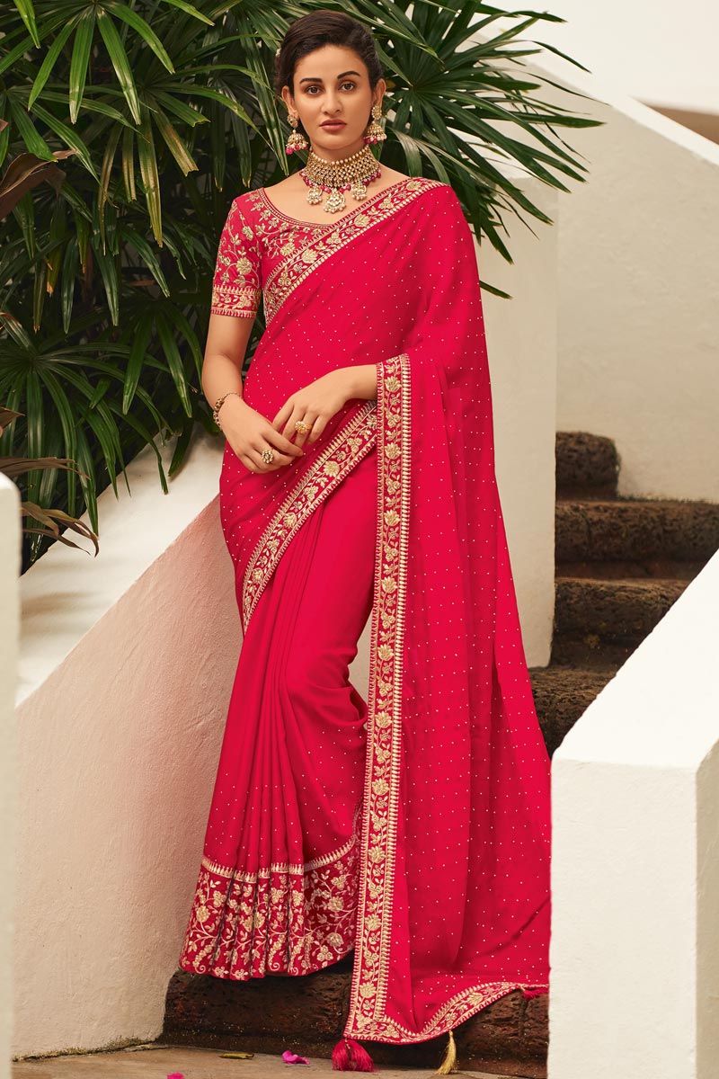 Art Silk Party Wear Alluring Embroidered Saree In Rani Color