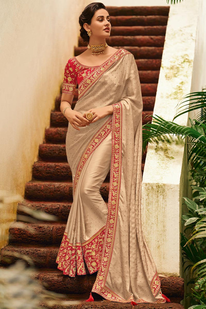 Cream Color Alluring Party Wear Art Silk Embroidered Saree