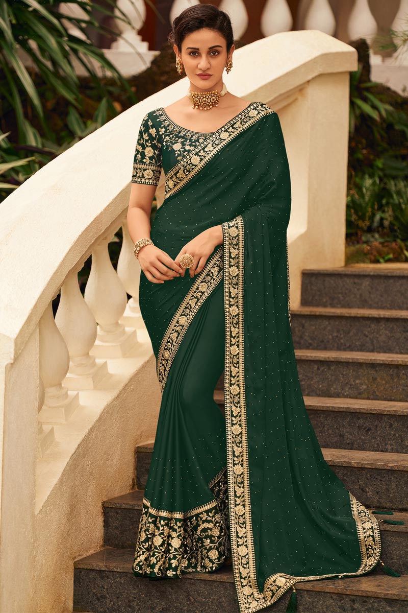 Dark Green Color Party Wear Alluring Embroidered Saree In Art Silk