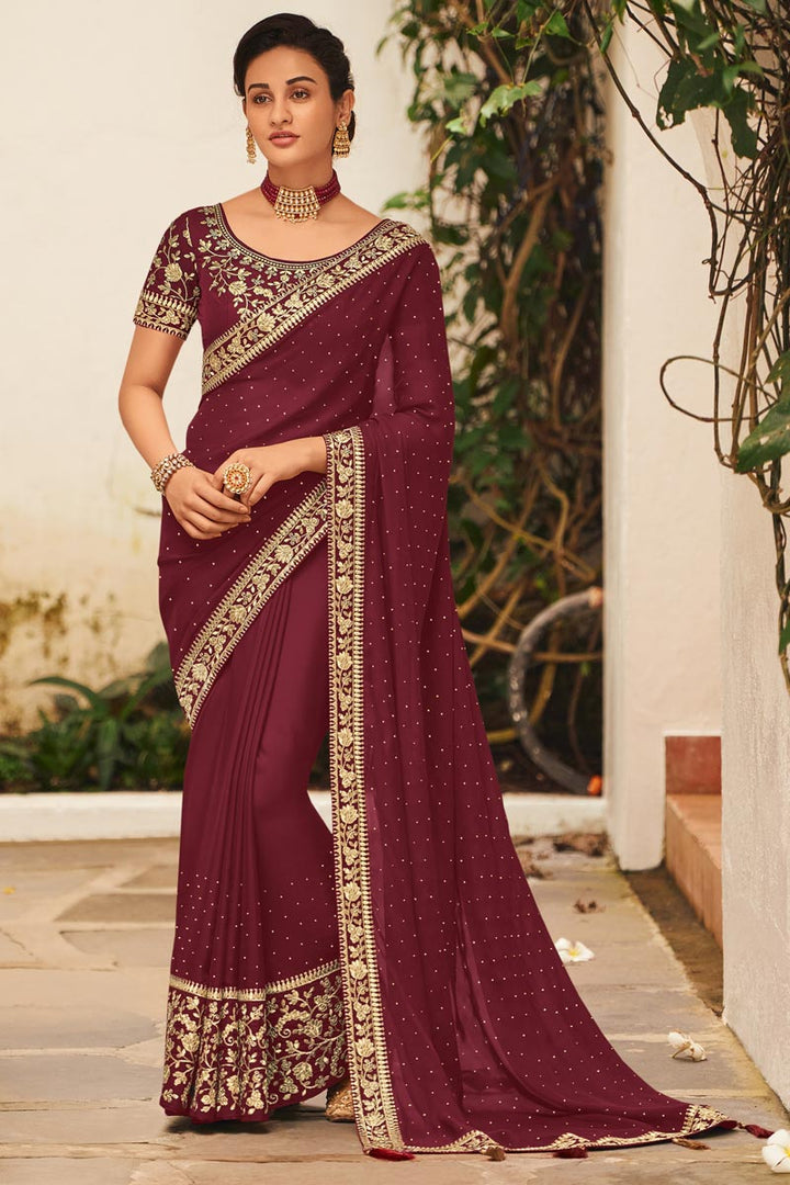 Party Wear Maroon Color Alluring Embroidered Saree In Art Silk