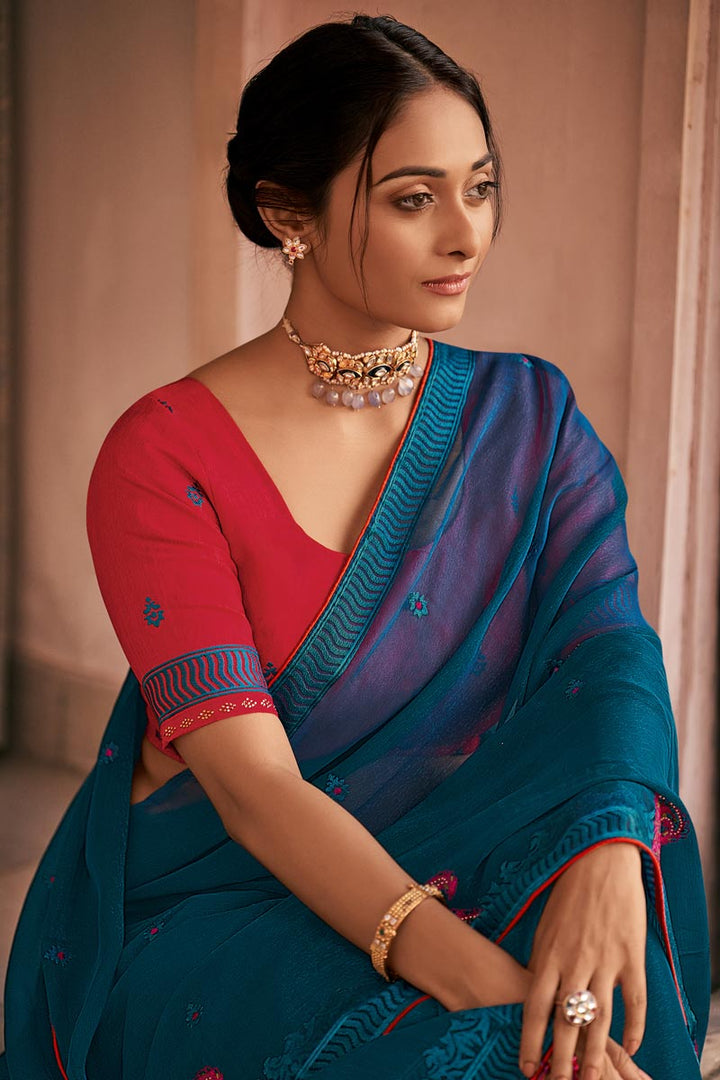 Blue Color Party Wear Alluring Chiffon Fabric Embroidered Saree
