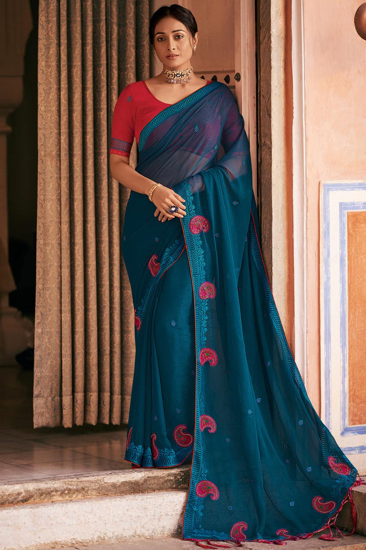 Blue Color Party Wear Alluring Chiffon Fabric Embroidered Saree