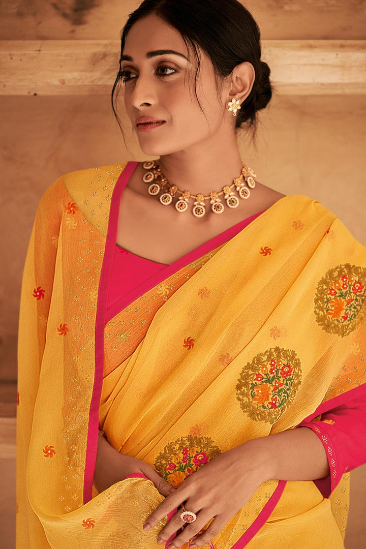 Chiffon Fabric Party Wear Yellow Color Alluring Embroidered Saree