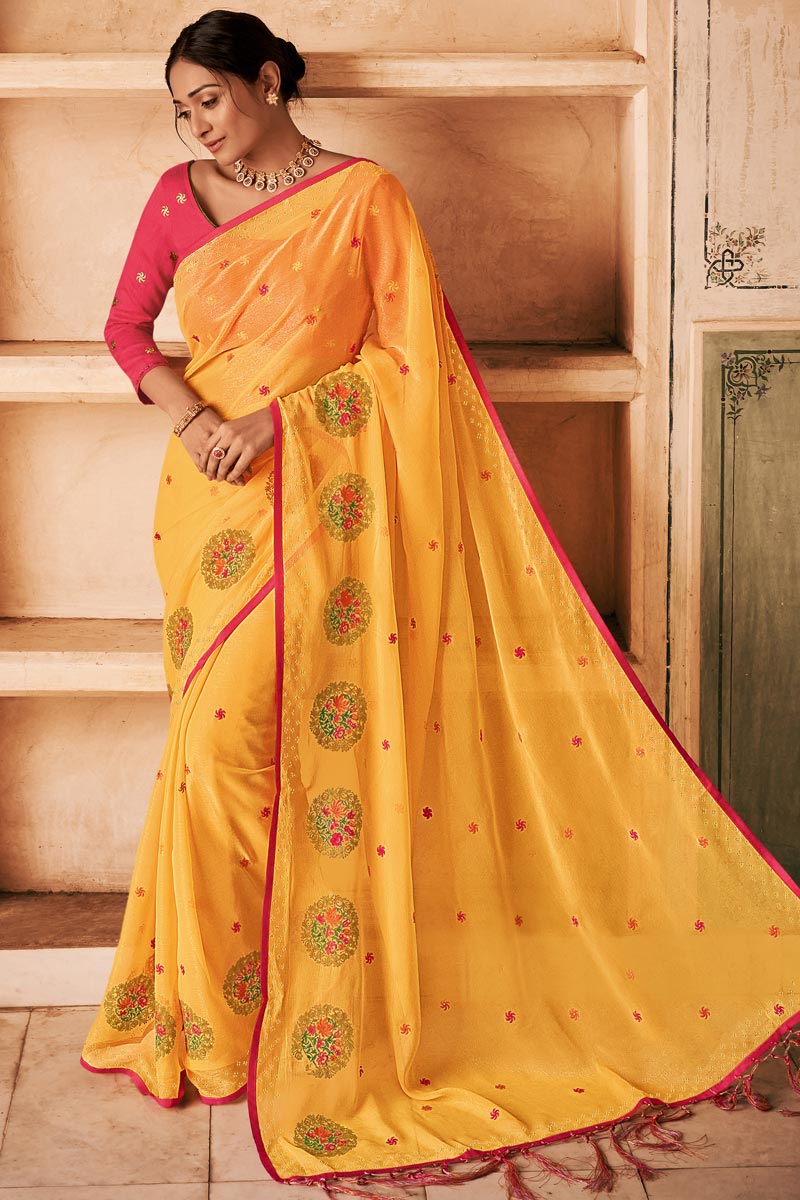 Chiffon Fabric Party Wear Yellow Color Alluring Embroidered Saree