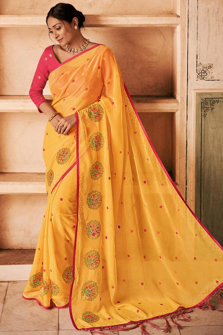Chiffon Fabric Party Wear Yellow Color Alluring Embroidered Saree