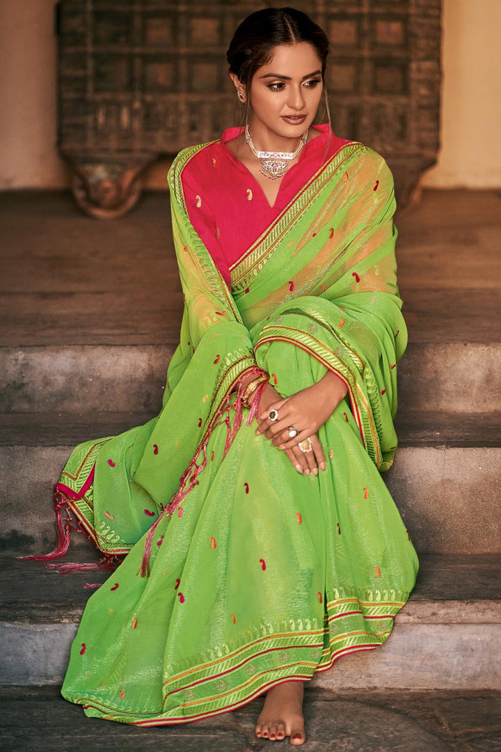 Chiffon Fabric Party Wear Alluring Sea Green Color Embroidered Saree