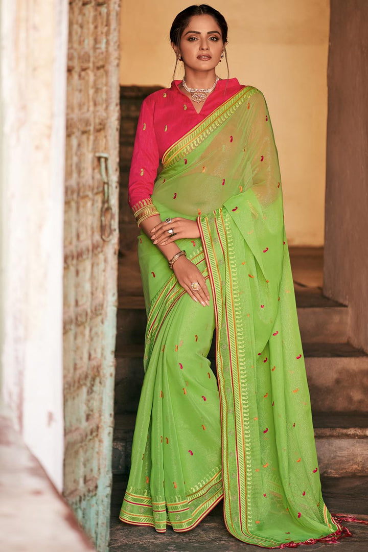 Chiffon Fabric Party Wear Alluring Sea Green Color Embroidered Saree