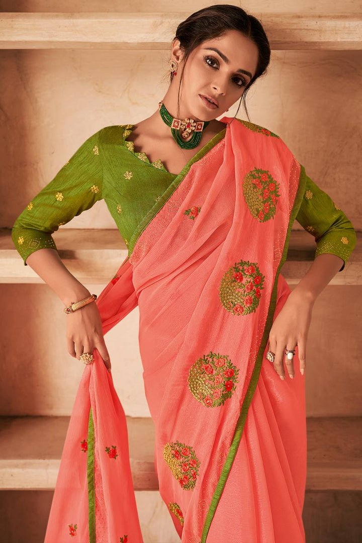 Peach Color Party Wear Chiffon Fabric Alluring Embroidered Saree