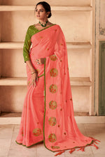 Load image into Gallery viewer, Peach Color Party Wear Chiffon Fabric Alluring Embroidered Saree
