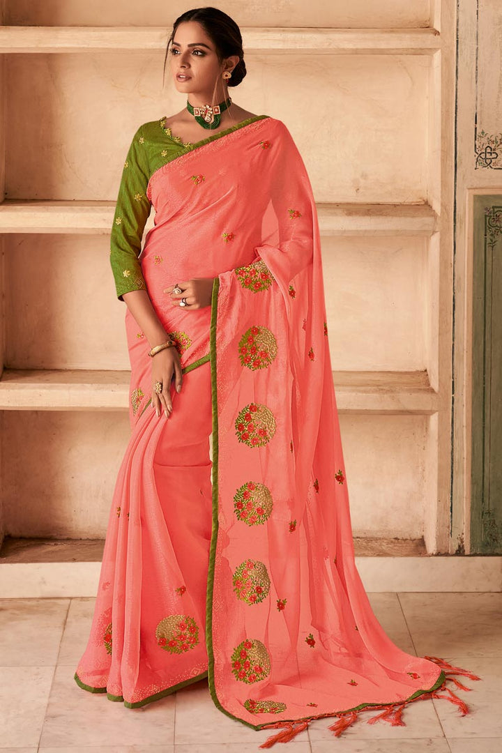 Peach Color Party Wear Chiffon Fabric Alluring Embroidered Saree
