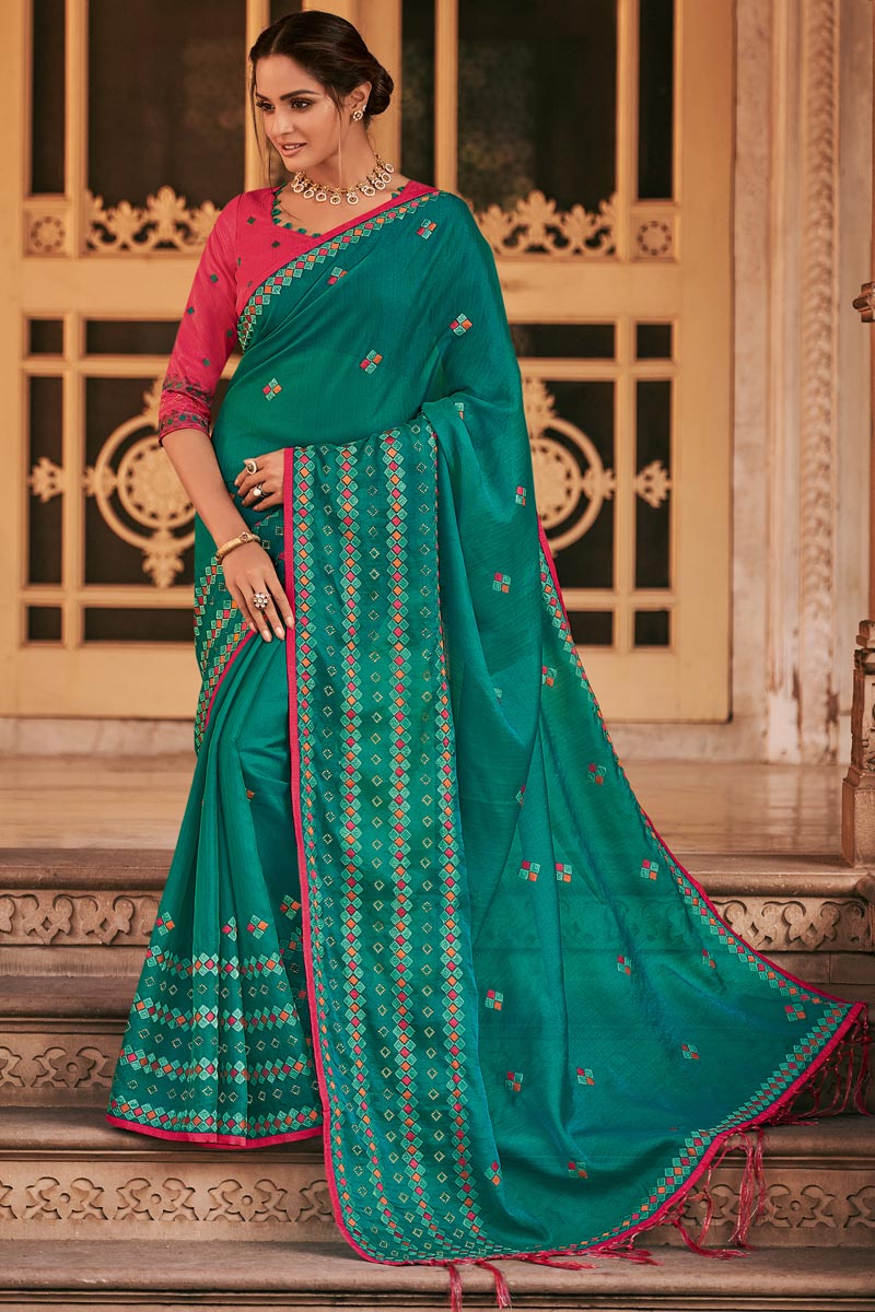 Party Style Cyan Color Alluring Chiffon Fabric Embroidered Saree