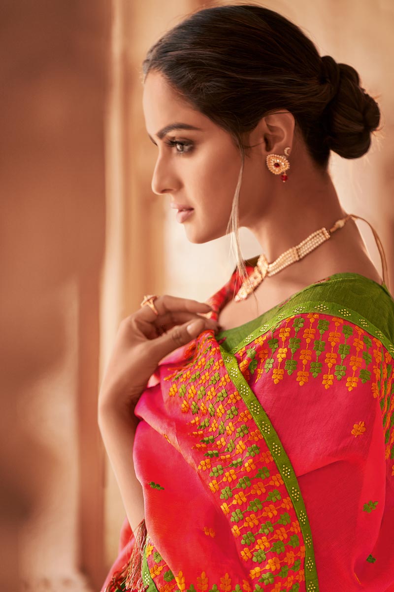 Pink Color Party Style Alluring Chiffon Fabric Embroidered Saree