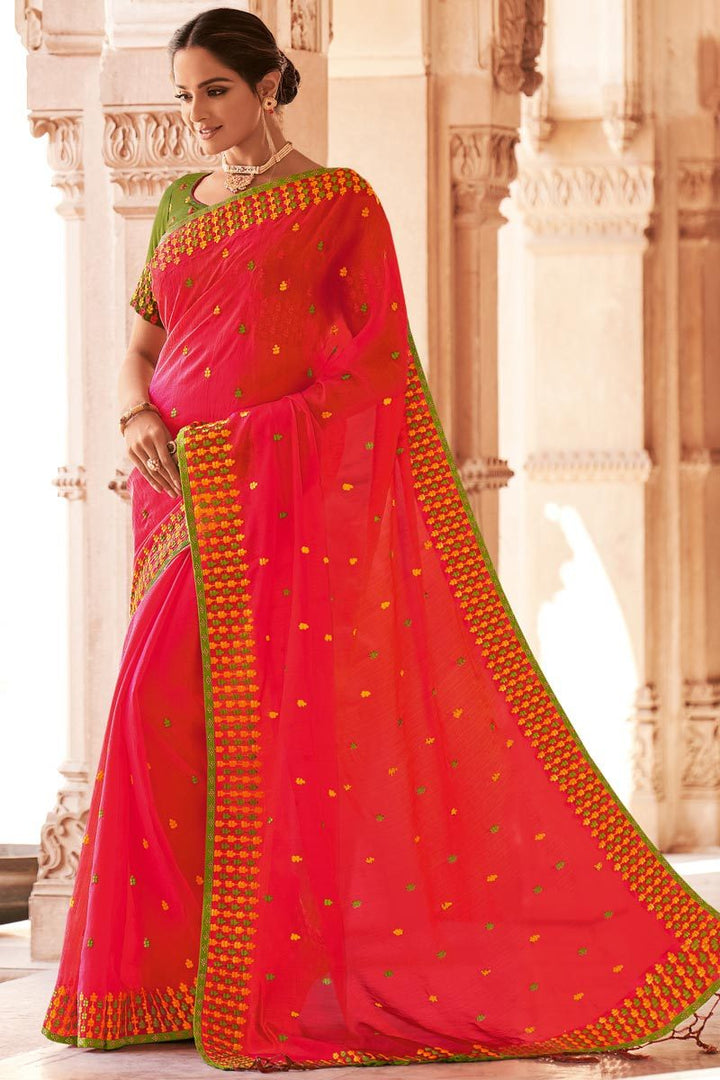 Pink Color Party Style Alluring Chiffon Fabric Embroidered Saree
