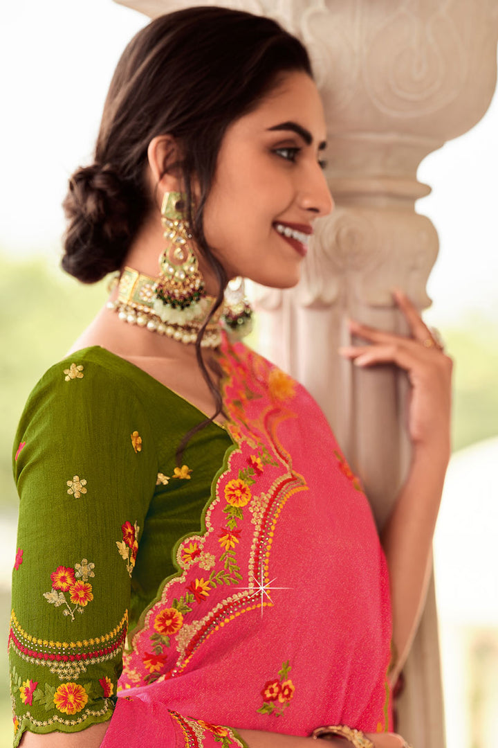Embroidered Work Chiffon Fabric Designer Saree In Pink Color