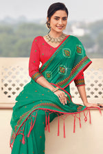 Load image into Gallery viewer, Party Wear Chiffon Fabric Sea Green Color Saree With Embroidered Work

