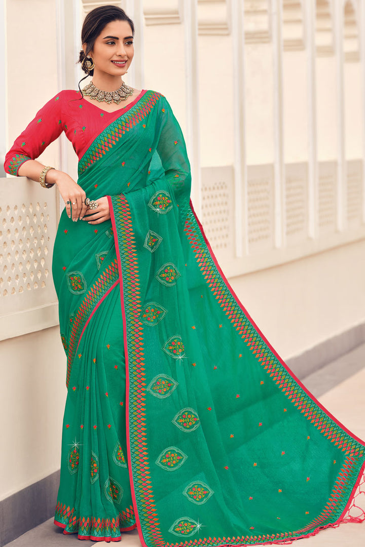 Party Wear Chiffon Fabric Sea Green Color Saree With Embroidered Work