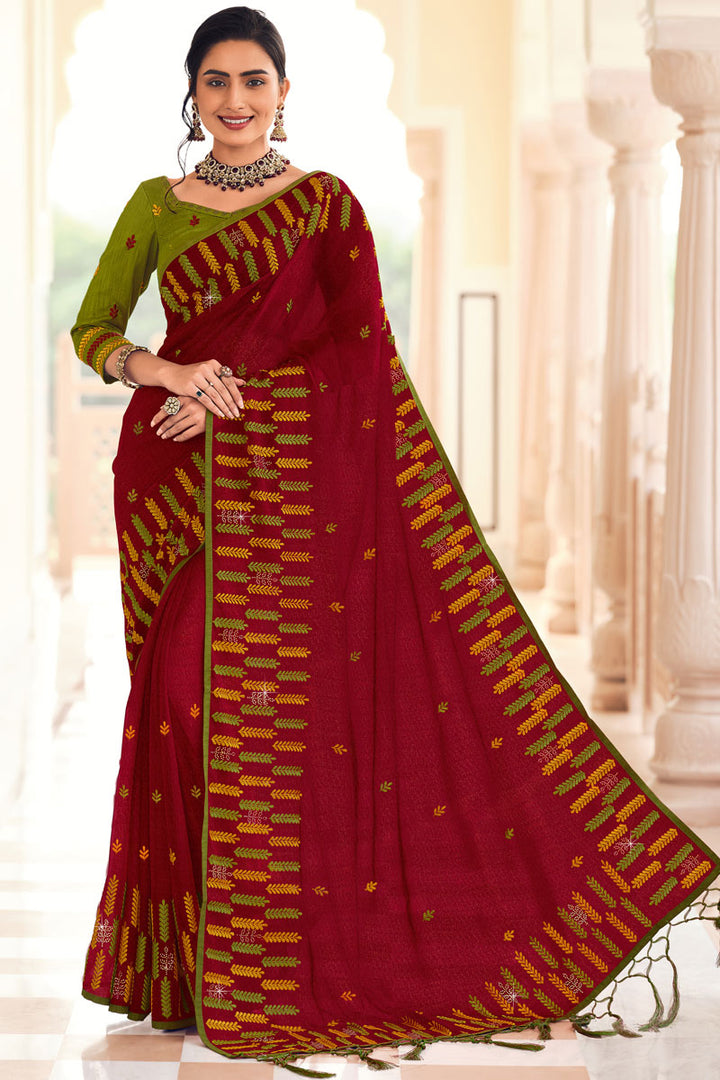 Maroon Color Embroidered Work On Party Wear Saree In Chiffon Fabric