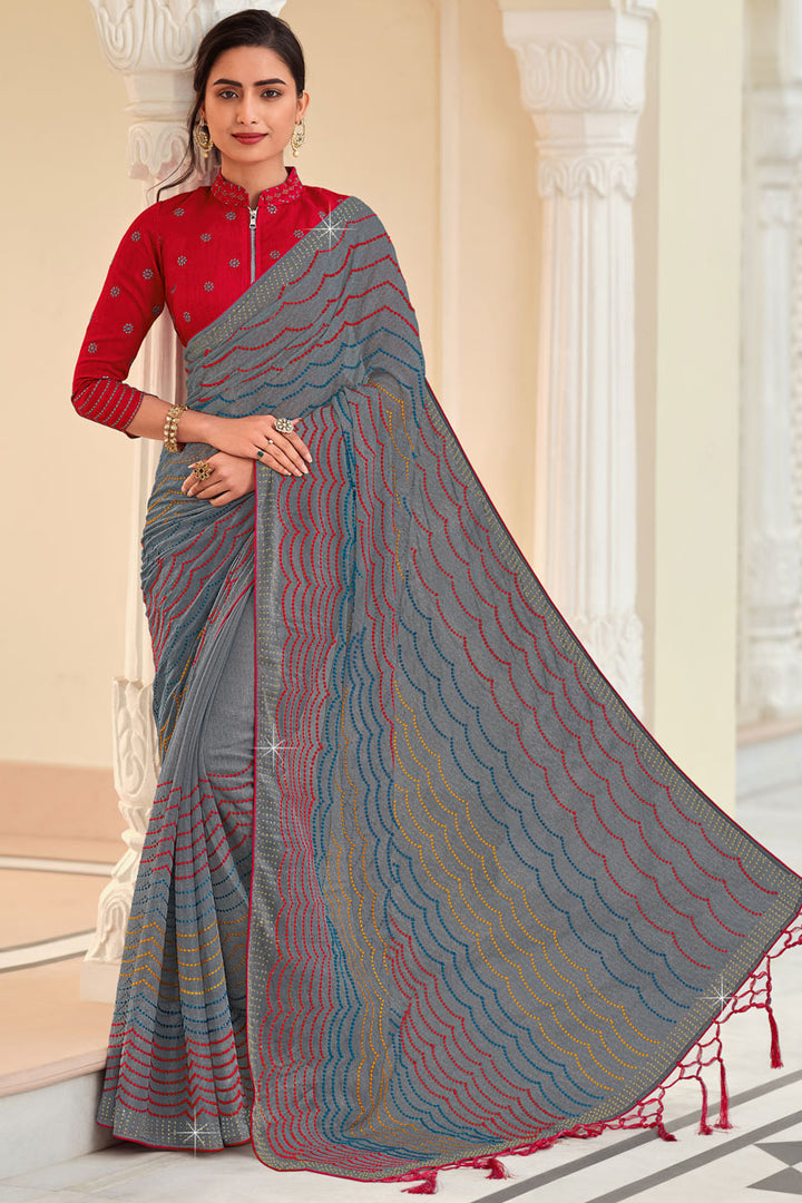 Embroidered Work On Party Wear Grey Color Saree In Chiffon Fabric