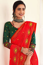 Load image into Gallery viewer, Party Wear Chiffon Fabric Embroidered Work Glamorous Saree In Red Color
