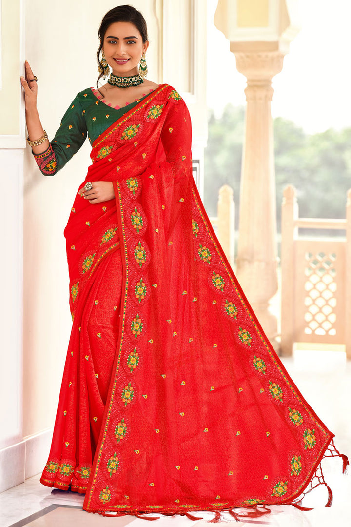 Party Wear Chiffon Fabric Embroidered Work Glamorous Saree In Red Color