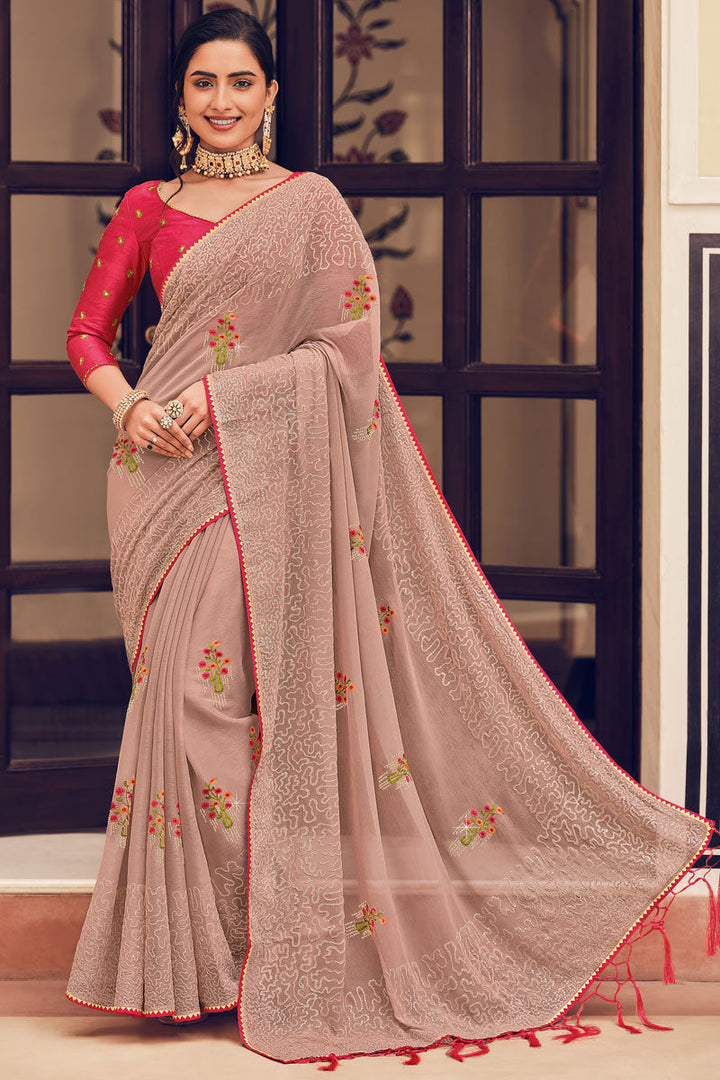 Chic Chiffon Fabric Embroidered Work On Beige Color Party Wear Saree