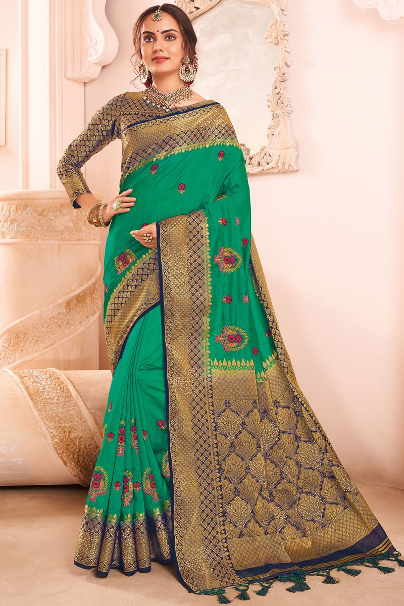 Sea Green Color Art Silk Fabric Embroidered Saree