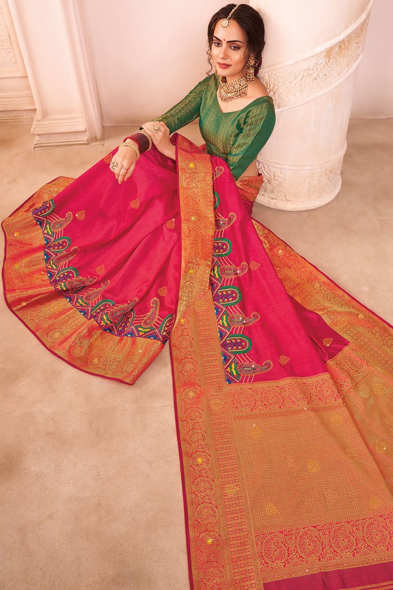 Art Silk Fabric Reception Wear Rani Color Embroidered Saree