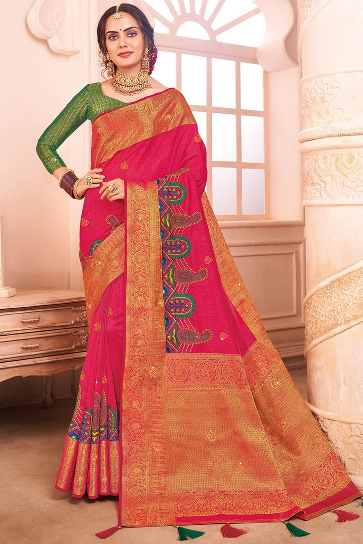 Art Silk Fabric Reception Wear Rani Color Embroidered Saree