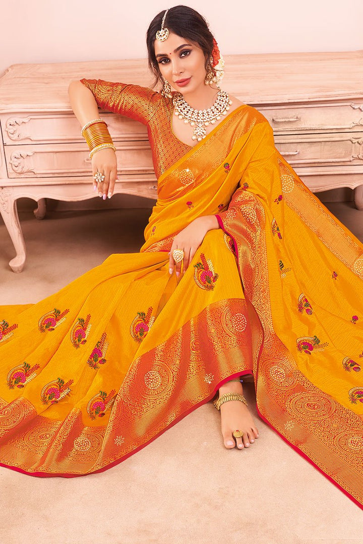 Function Wear Art Silk Fabric Mustard Color Embroidered Saree