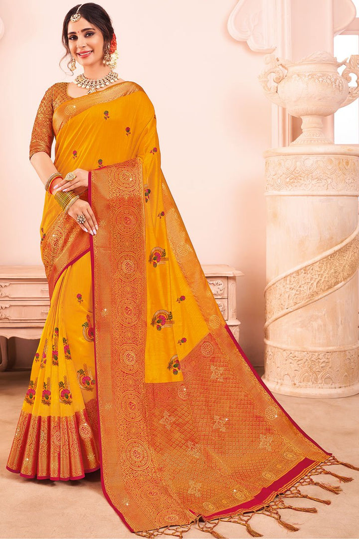 Function Wear Art Silk Fabric Mustard Color Embroidered Saree