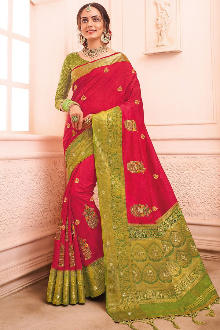 Art Silk Fabric Pink Color Puja Wear Embroidered Saree