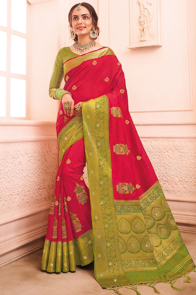 Art Silk Fabric Pink Color Puja Wear Embroidered Saree