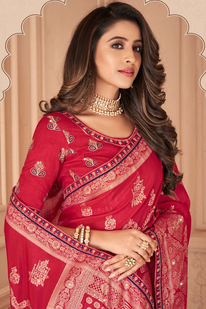 Embroidered Work Art Silk Fabric Red Color Function Wear Incredible Saree