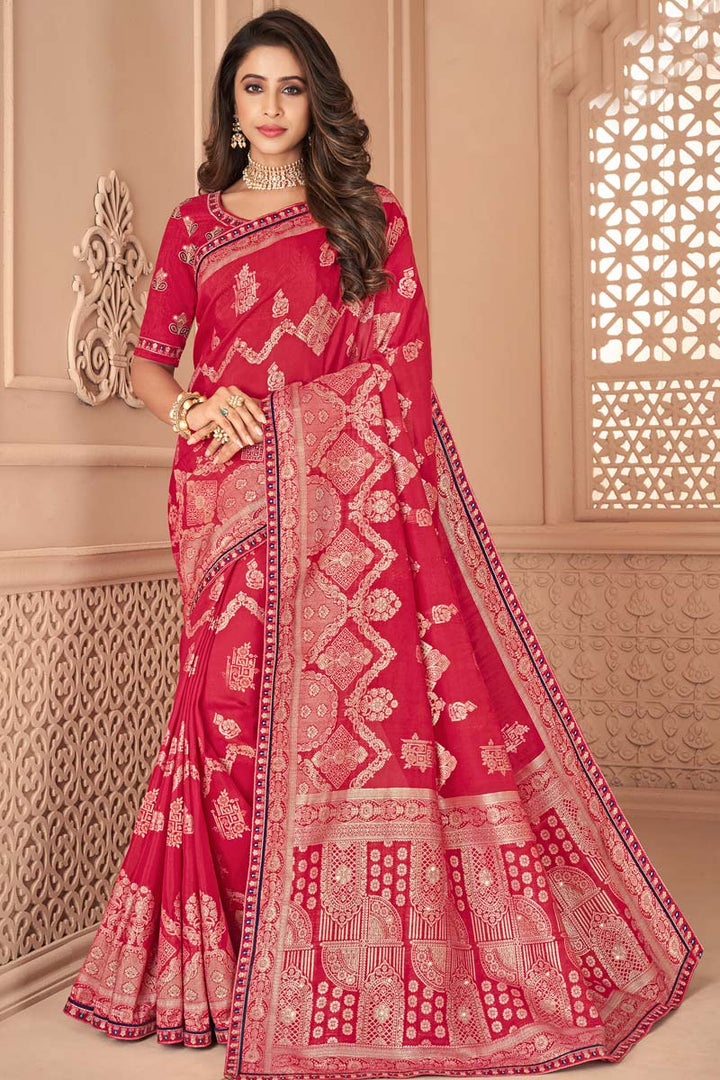Embroidered Work Art Silk Fabric Red Color Function Wear Incredible Saree
