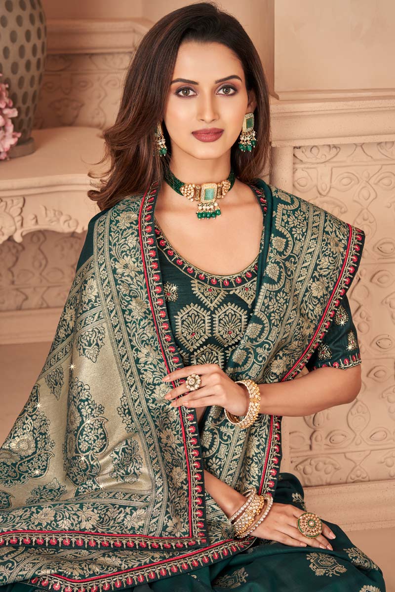 Function Wear Art Silk Fabric Dark Green Color Excellent Saree With Embroidered Work