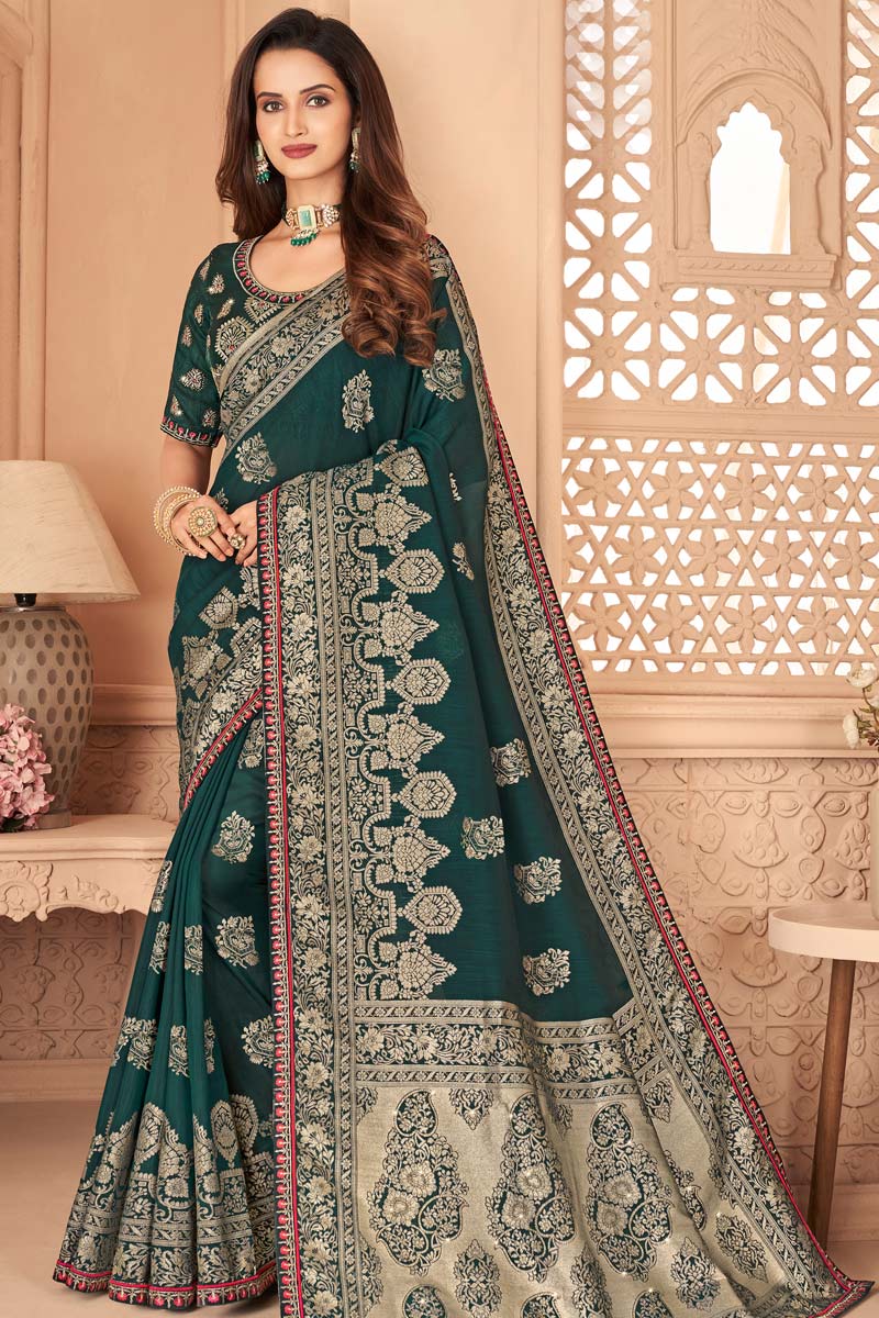 Function Wear Art Silk Fabric Dark Green Color Excellent Saree With Embroidered Work