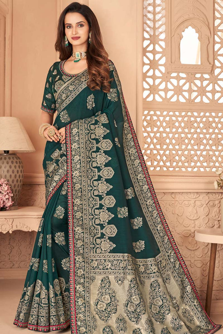 Function Wear Art Silk Fabric Dark Green Color Excellent Saree With Embroidered Work