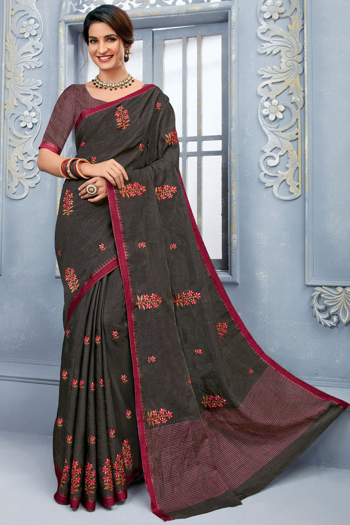Art Silk Fabric Black Color Saree With Embroidered Work