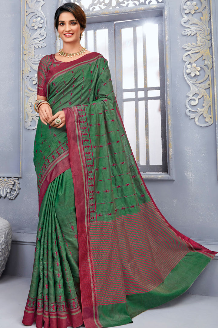 Art Silk Fabric Green Color Party Wear Saree With Embroidered Work